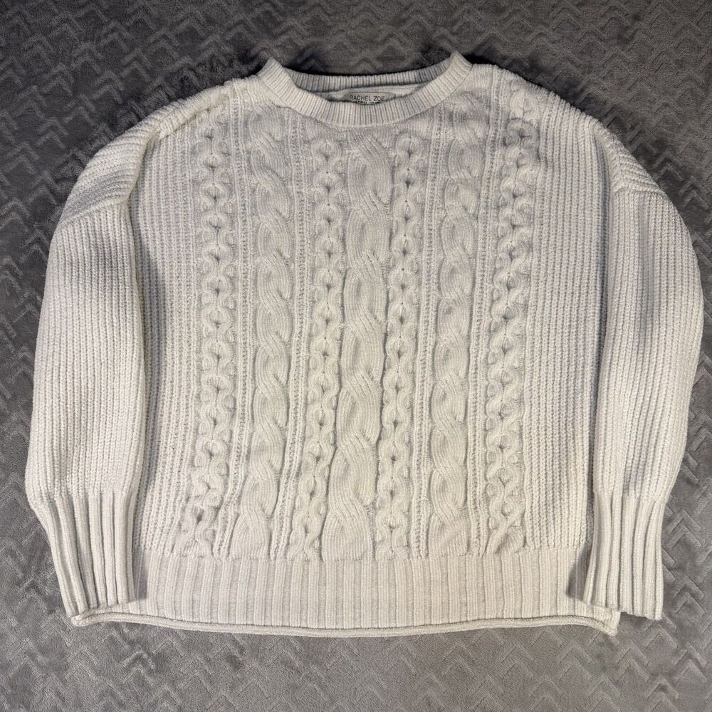 Rachel Zoe Sweater Sz XL Fisherman Chenille Cable Knit High Neck Cropped White